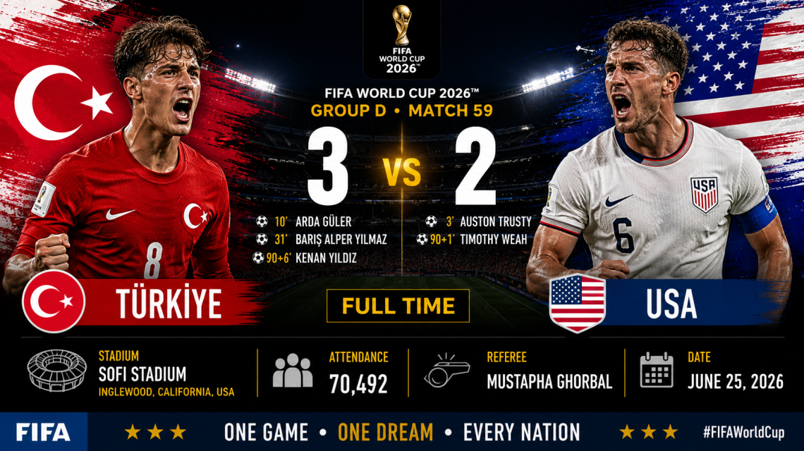 Türkiye 3–2 USA, SoFi Stadium, attendance 70,492, and referee Mustapha Ghorbal.