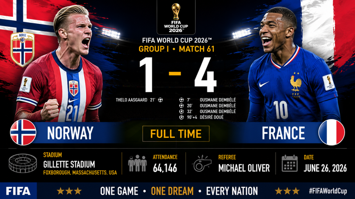 Norway 1–4 France, Gillette Stadium, attendance 64,146, and referee Michael Oliver.