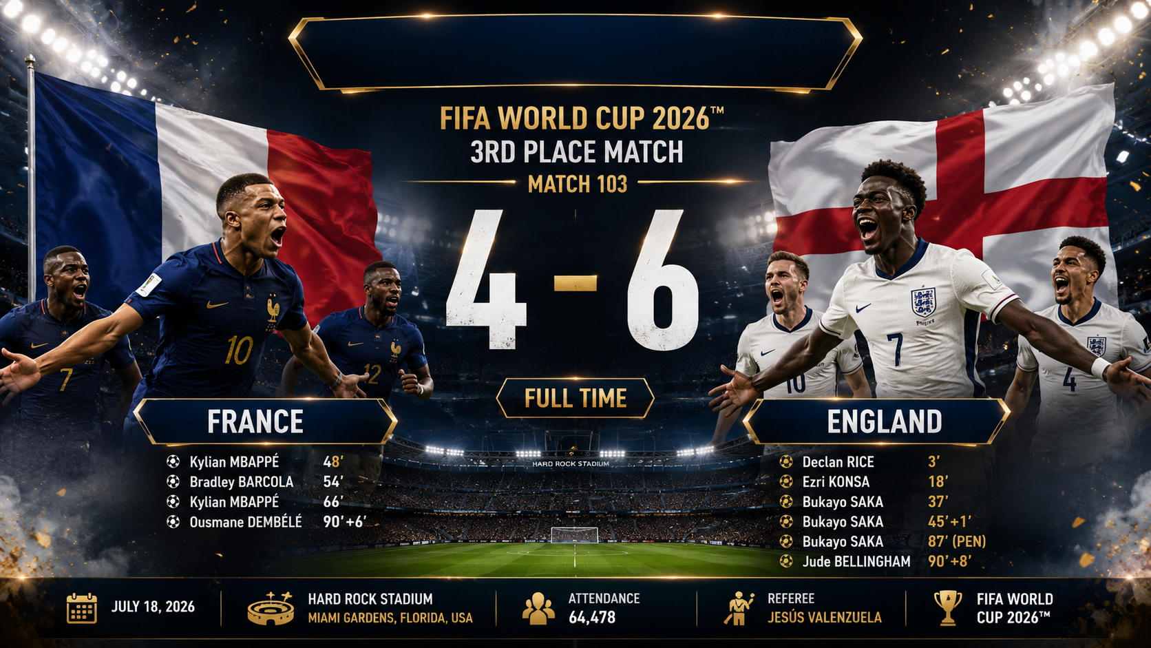 Third-place playoff • Match 103 — France 4–6 England, the ten goals, Hard Rock Stadium, attendance 64,478, and referee Jesús Valenzuela