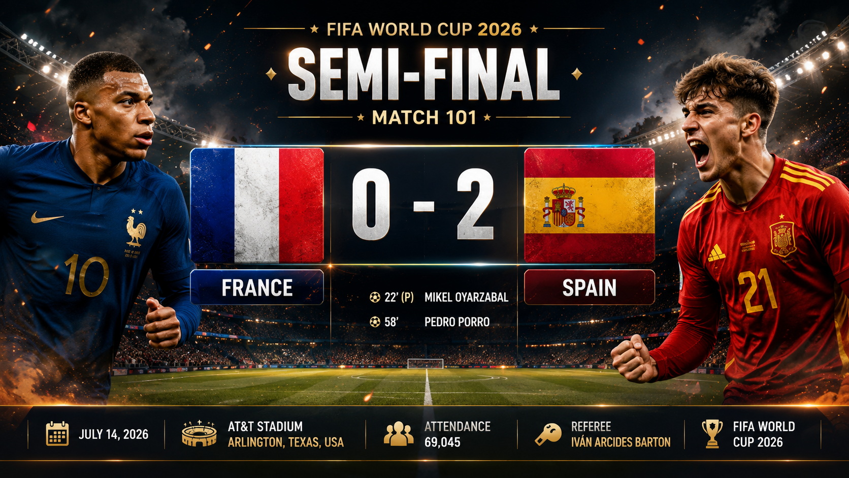 Semi-final • Match 101 — France 0–2 Spain, AT&T Stadium, Arlington, Texas, USA, attendance 70,176 and referee Iván Arcides Barton Cisneros