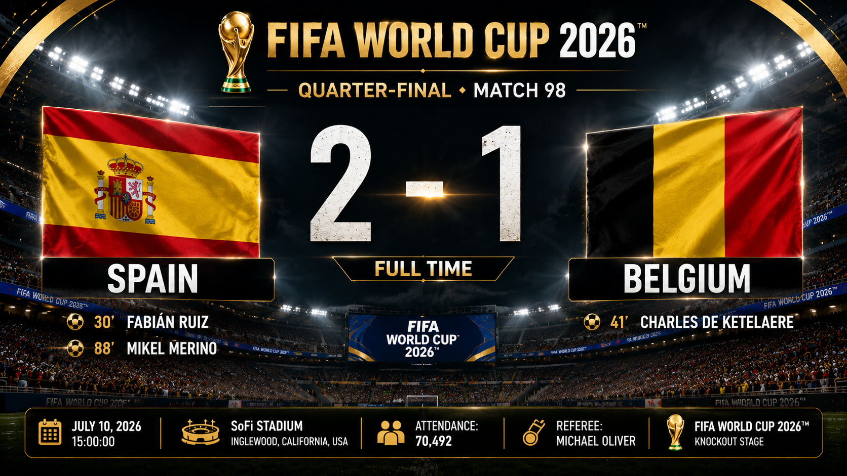 Quarter-final • Match 98 - Spain 2-1 Belgium, SoFi Stadium, Inglewood, California, USA, with 70,492 in attendance and Michael Oliver as referee